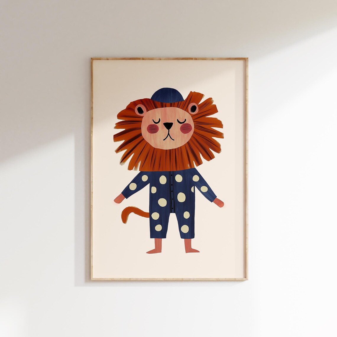 Sleepy Lion Navy Polka Dot Pajamas Nightcap Bedtime Nursery Wall Art Print
