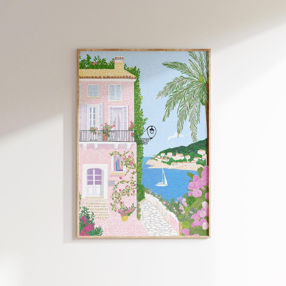 Mediterranean Pink Villa Balcony Coastal Path Sailboat Summer Poster - Image 2