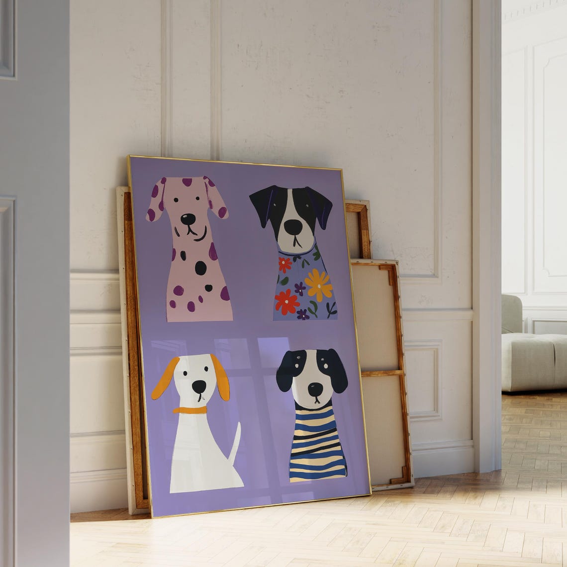 Whimsical Dog Print Four Floral Spotted Pups Lavender Nursery Poster - Image 3