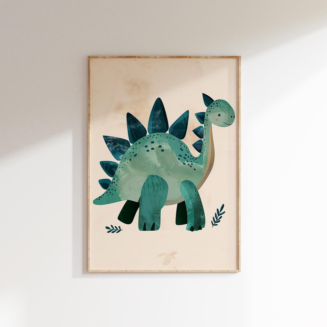 Cute Teal Stegosaurus Dinosaur Illustration Gender Neutral Nursery Poster