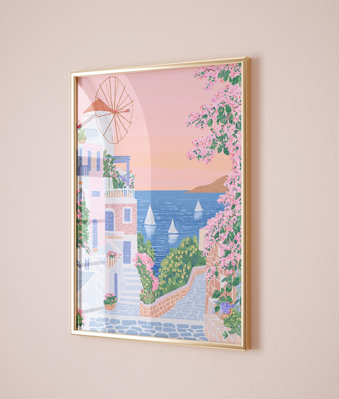 Santorini Greece Windmill Pink Sunset Sailboats Island Poster - Image 3
