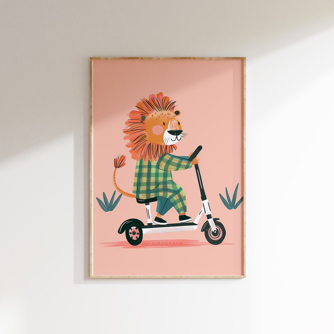 Lion Riding Scooter Kids Room Fun Animal Nursery Poster Art Decor