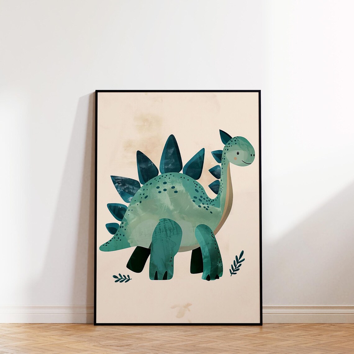 Cute Teal Stegosaurus Dinosaur Illustration Gender Neutral Nursery Poster - Image 2