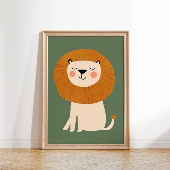 Lion Portrait Print Safari Nursery Wall Art Kids Room Decor Animal Art Green Nursery Decor Animal Wall Art