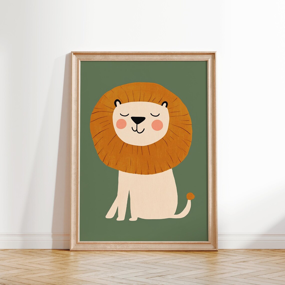 Smiling Lion Orange Mane Green Safari Nursery Kids Room Poster