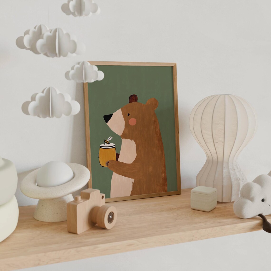 Sweet Bear Holding Honey Pot And Bee Nursery Kids Animal Poster