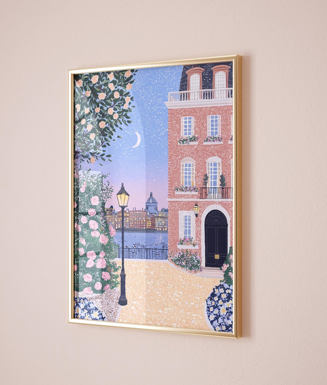 London Thames Night Pink Townhouse Moonlit Roses Romantic Poster - Image 3