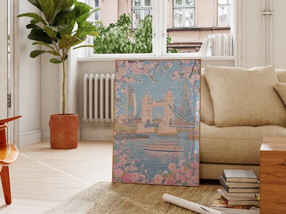 Tower Bridge London Cherry Blossom Daytime Thames Boat Floral Spring Poster