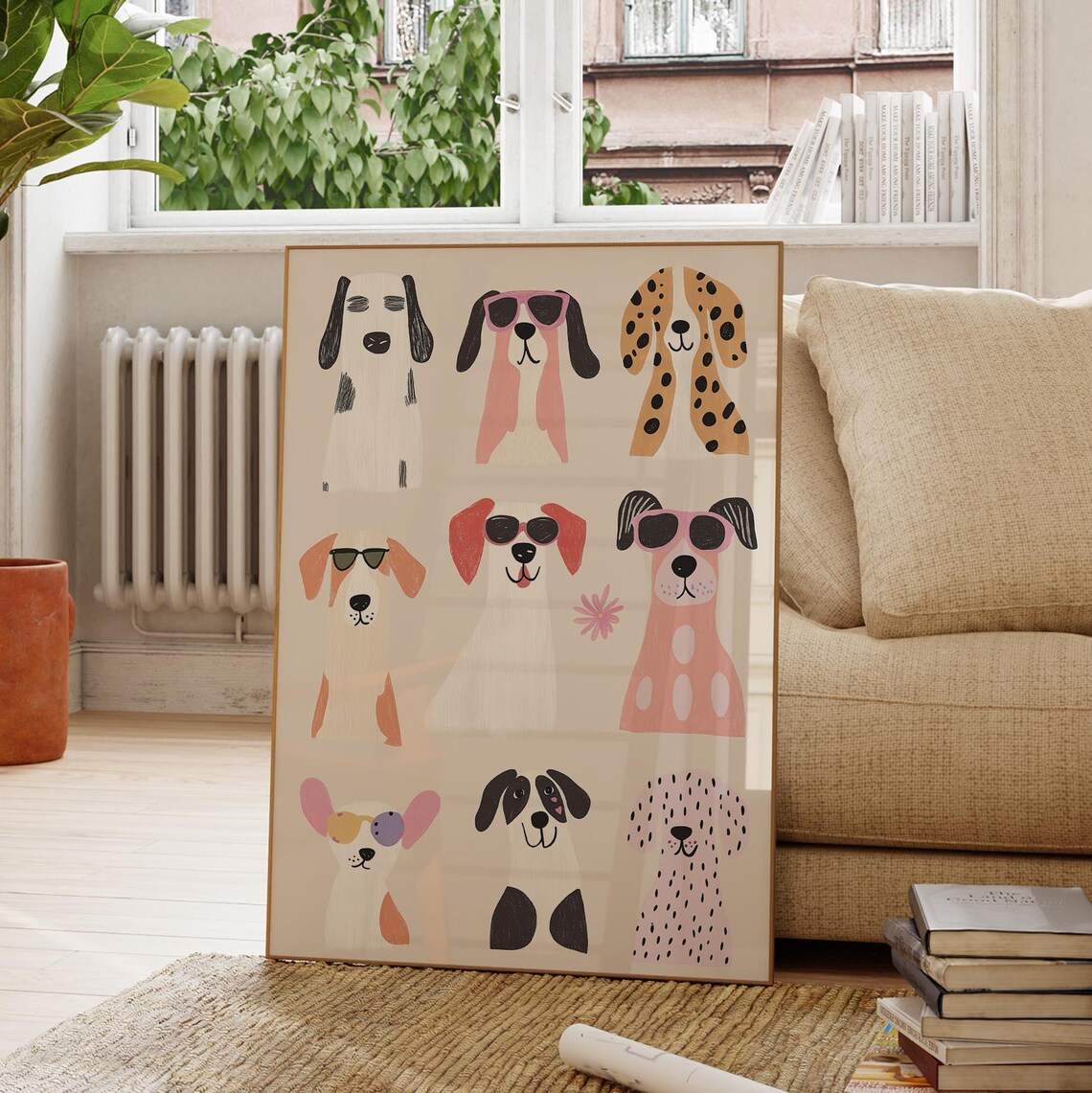 Fashionable Dogs Print Nine Pink Pups Sunglasses Kids Room Wall Poster - Image 4