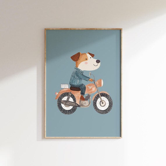 Cool Dog Riding an Orange Motorcycle in a Denim Jacket Fun Kids Poster