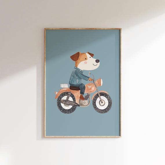 Kids Dog On Motorcycle Front View Kids Room Decor Boys Room Poster Playroom Wall Art Nursery Animal Print Puppy Art