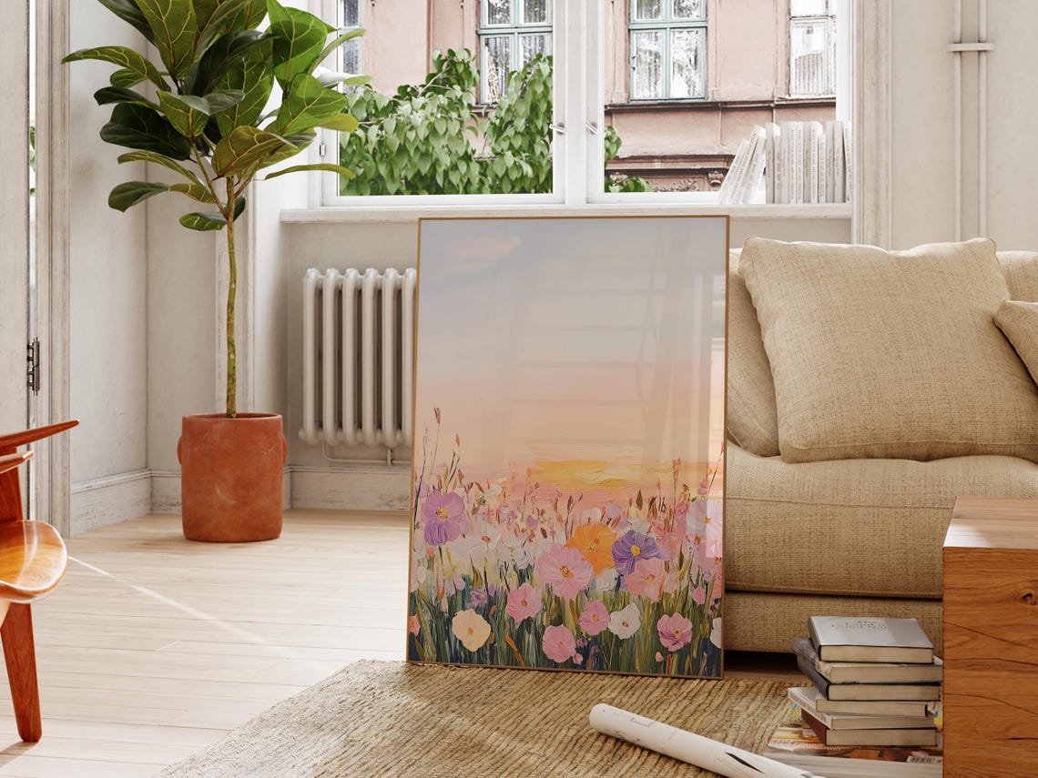 Sunset Wildflower Meadow Pastel Florals Dreamy Landscape Art Poster