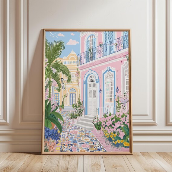 Mediterranean Street Portuguese Tiles Pink Building Sunny Poster