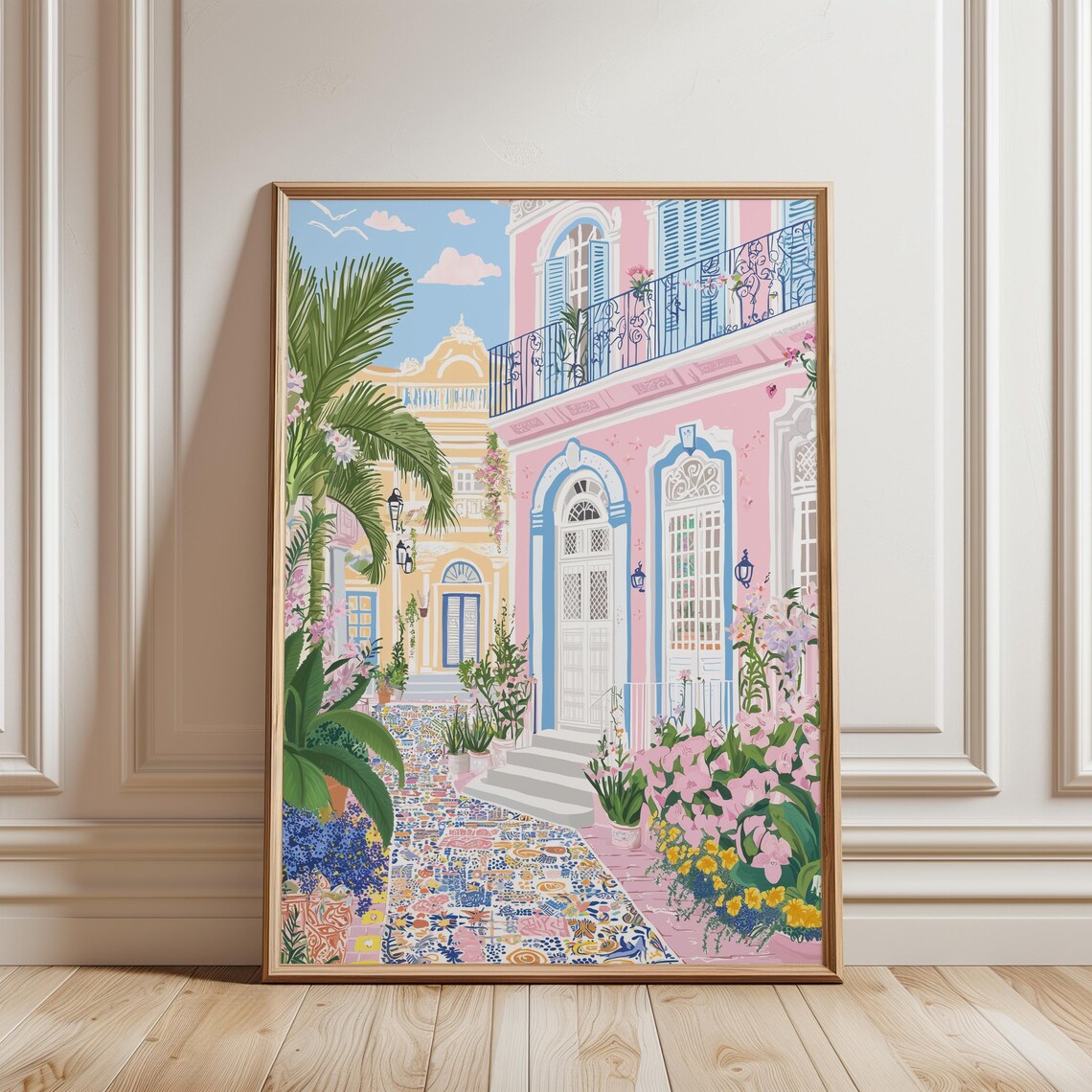 Mediterranean Street Portuguese Tiles Pink Building Sunny Poster