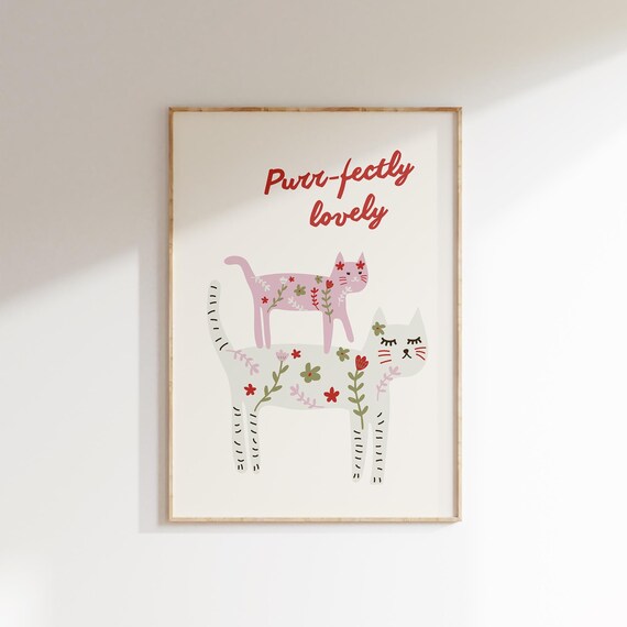 Purr-fectly Lovely Whimsical Floral Cats Sweet Nursery Art Print