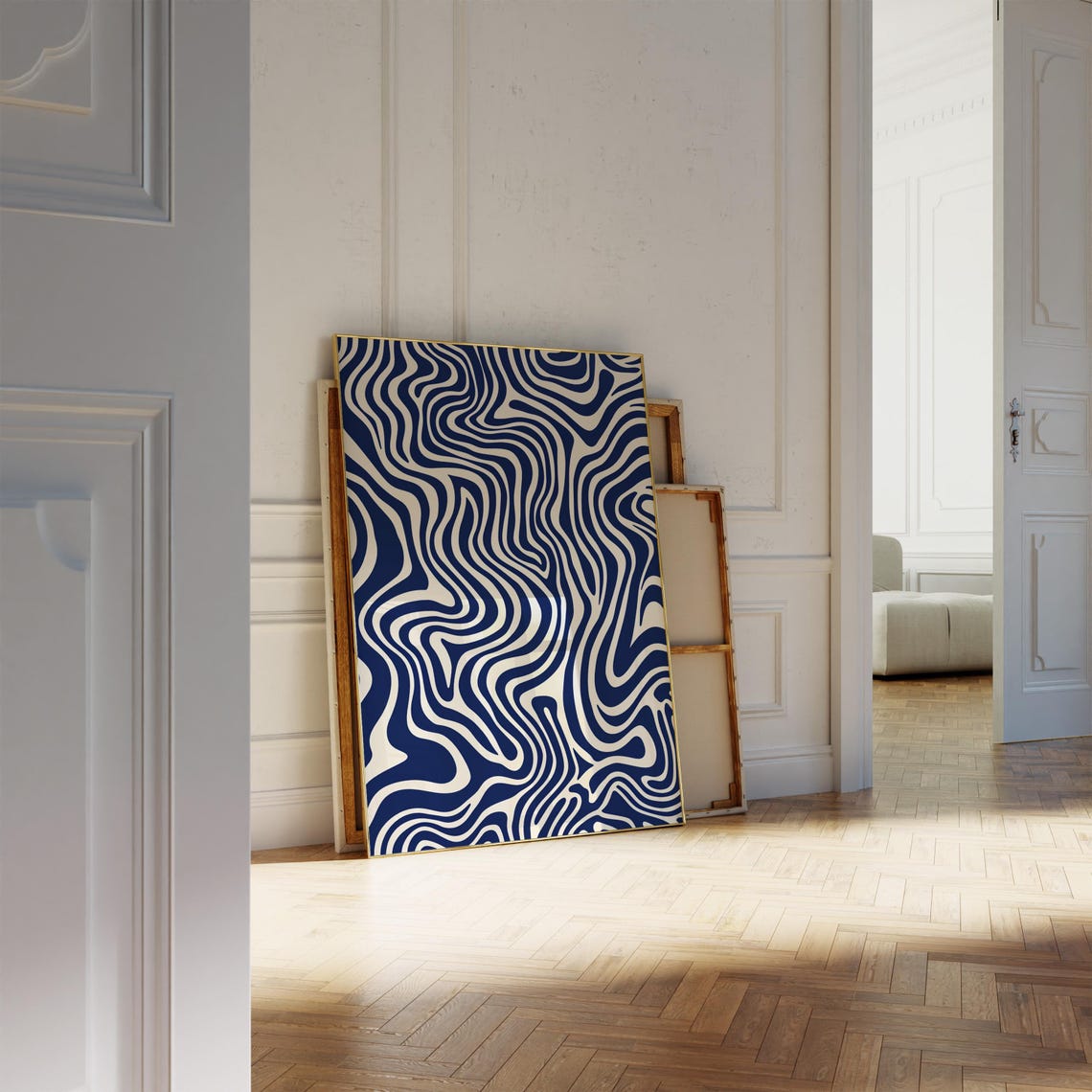 Indigo White Wavy Lines Bold Maximalist Modern Pattern Poster - Image 2