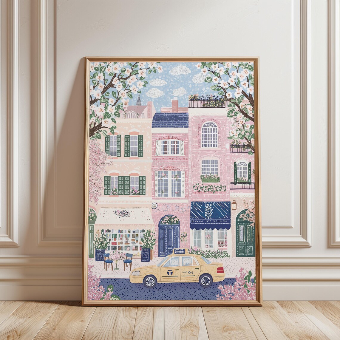 Paris Street Pink Buildings Cherry Blossom Yellow Taxi Cafe Poster