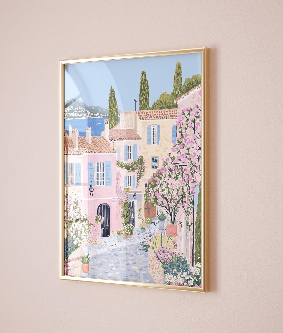 Mediterranean Seaside Street Pink Houses Blossom Summer Poster - Image 2