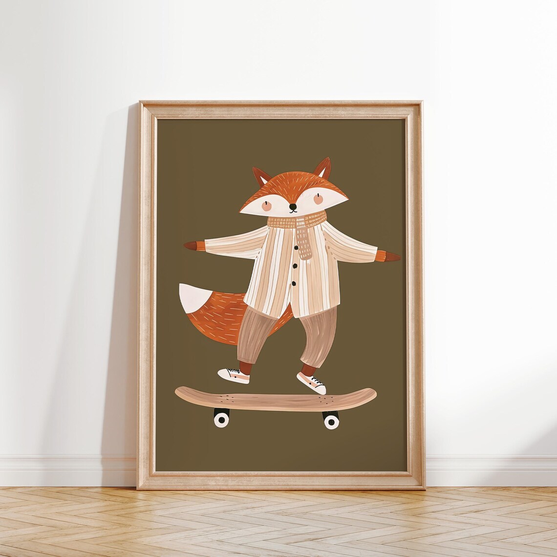 Cute Fox Riding Skateboard Beige Sweater Olive Nursery Theme Art Poster - Image 2