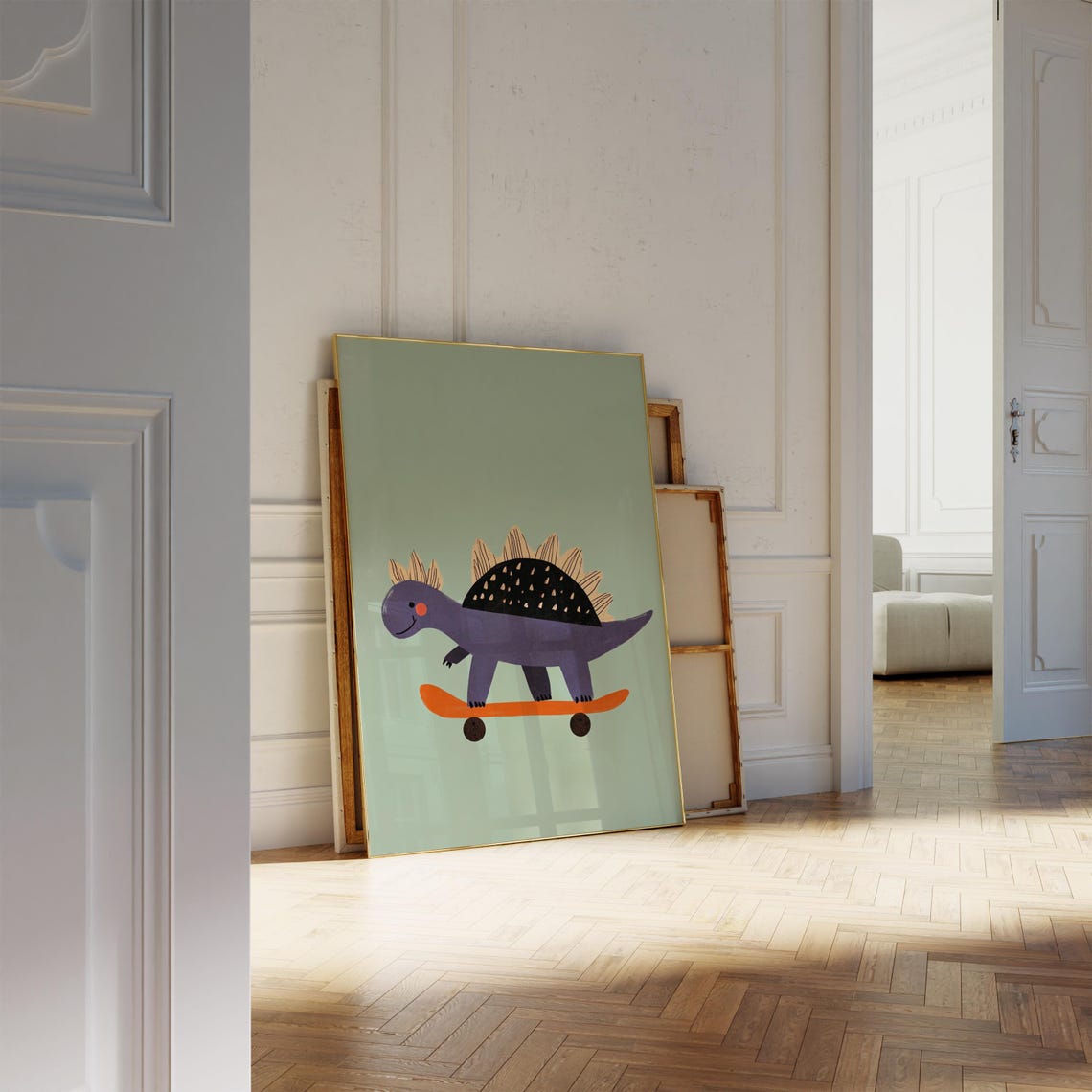 Purple Stegosaurus Dinosaur Riding Skateboard Kids Room Poster - Image 2