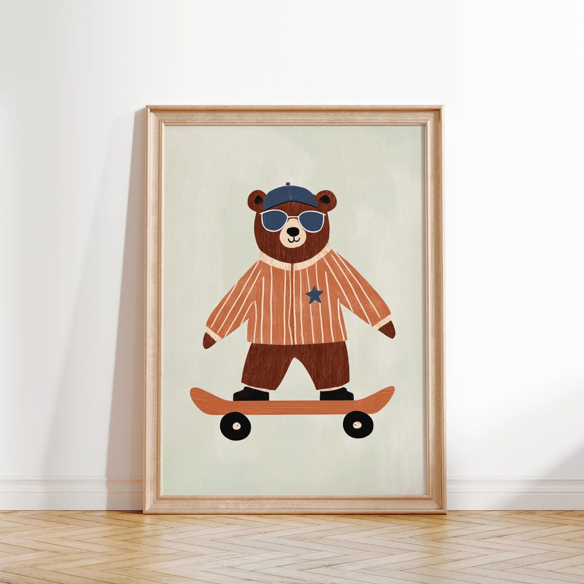 Cool Sporty Bear with Cap and Sunglasses on Skateboard Wall Art