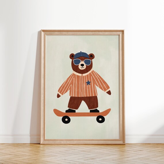 Cool Sporty Bear with Cap and Sunglasses on Skateboard Wall Art