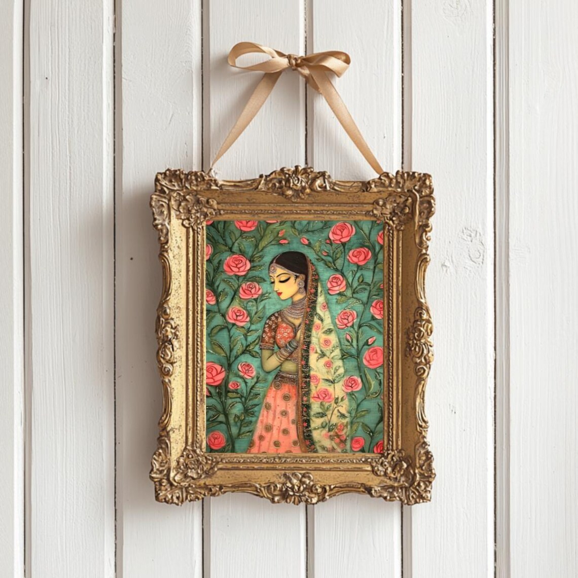 Elegant Indian Bride in Red Lehenga Among Pink Roses Folk Art Poster - Image 3