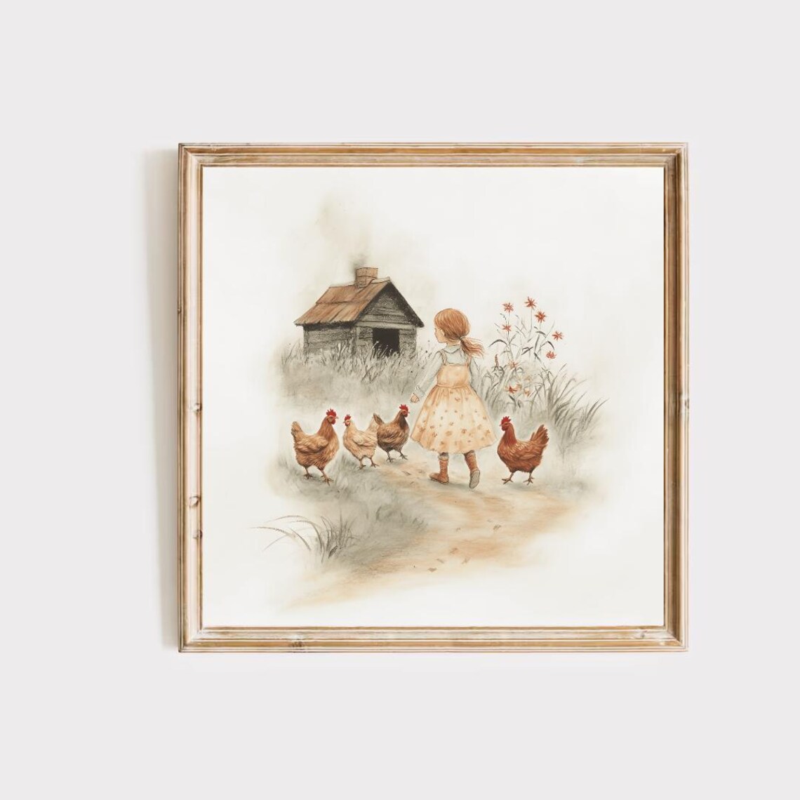 Farm Girl and Chickens Vintage Nursery Art Print - Image 4