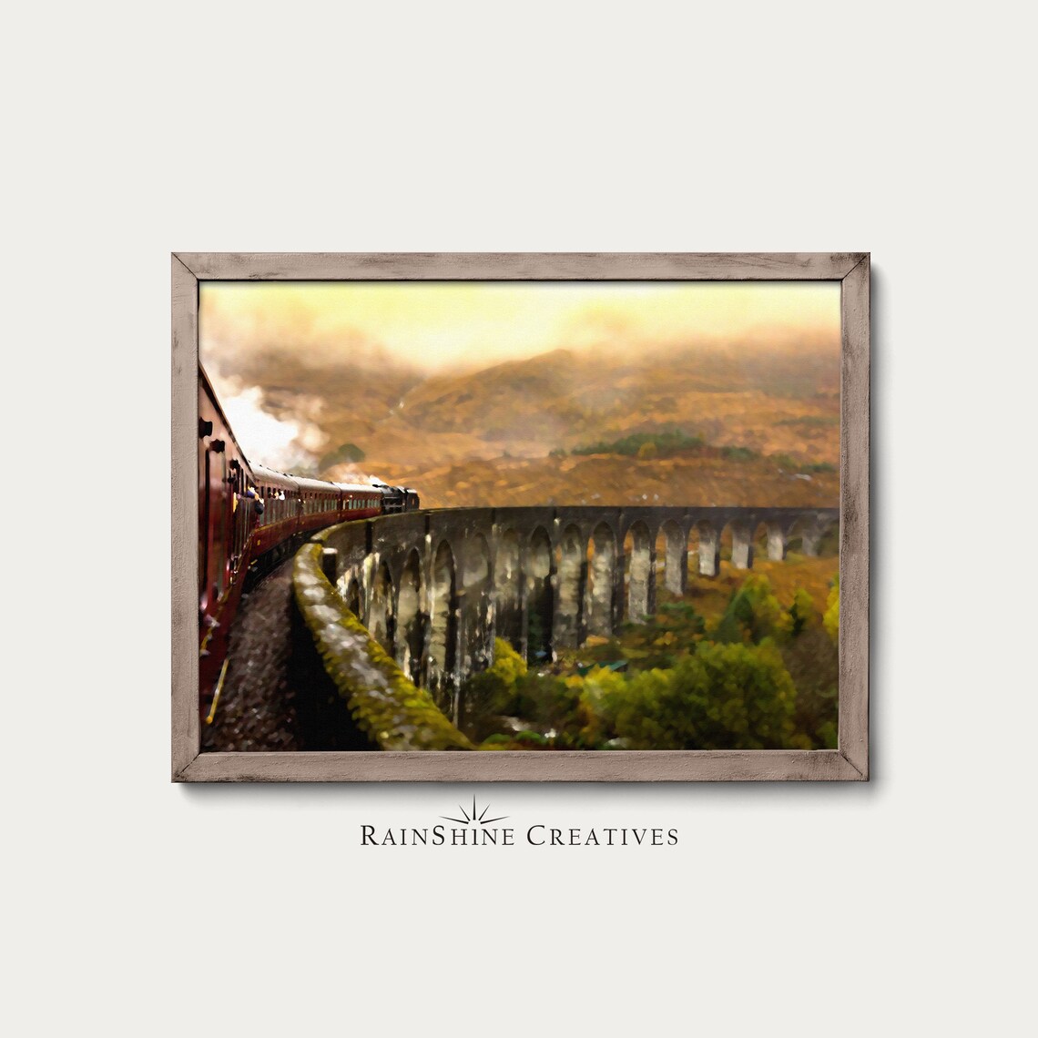 Steam Locomotive Train Art Print, Arch Bridge Landscape