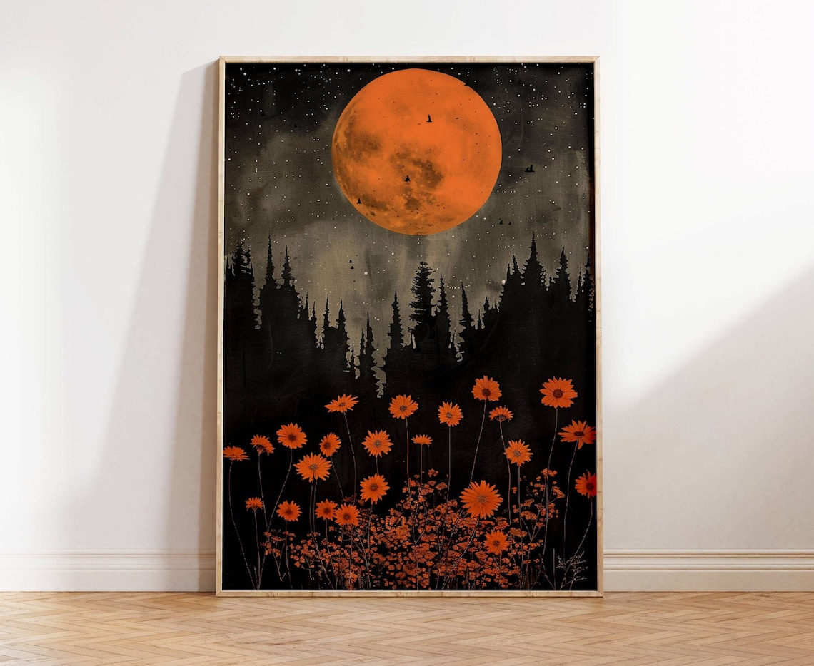Orange Moon And Flowers Art Print, Dark Academia