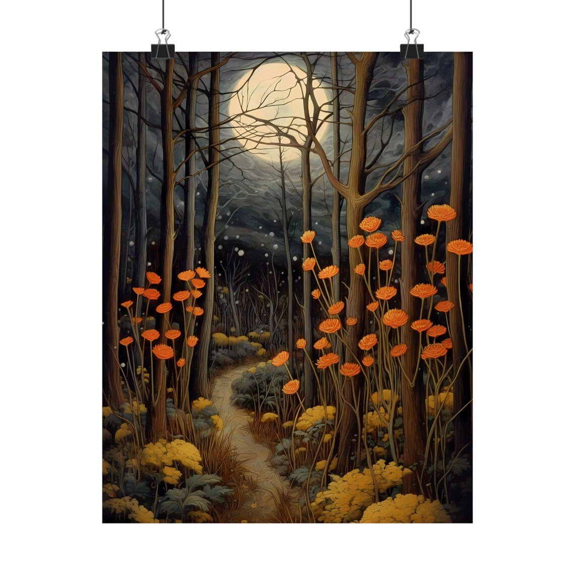 Autumn Forest Art Print, Rustic Moody Landscape Moon