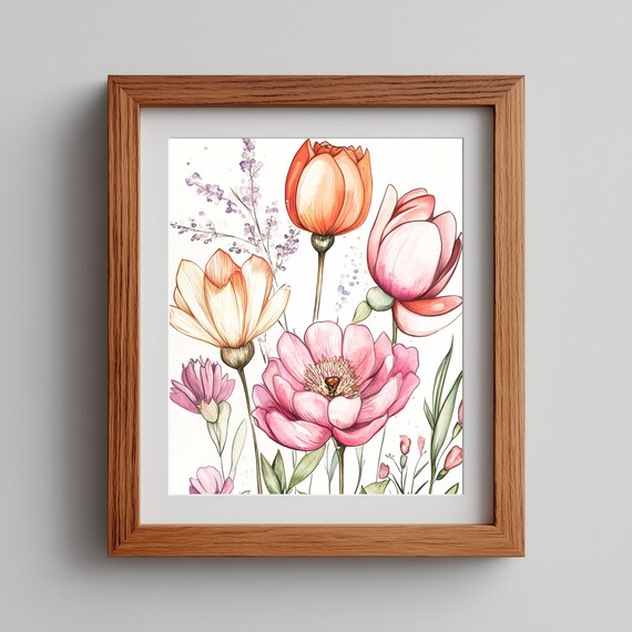 Tulip Bouquet Wall Art Pastel Spring Floral Painting Vintage Garden Flower Decor Romantic Botanical 117