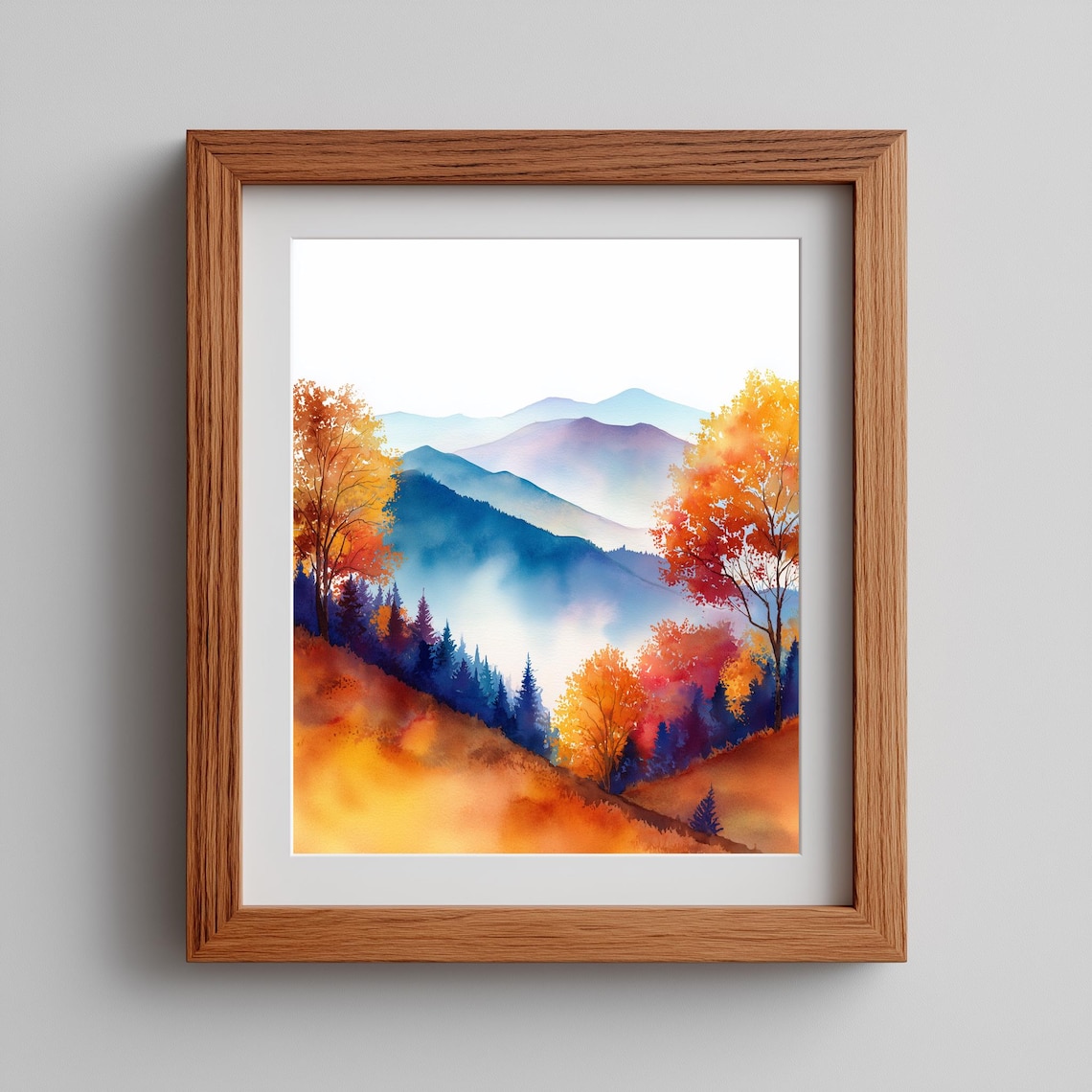 Autumn Mountain Valley Fiery Foliage Watercolor Scenic Art Poster