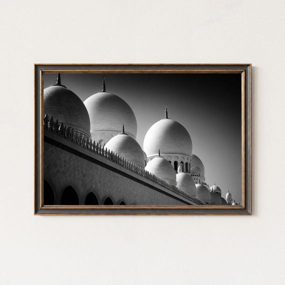 Grand Mosque Domes Architecture Photography Black And White Print