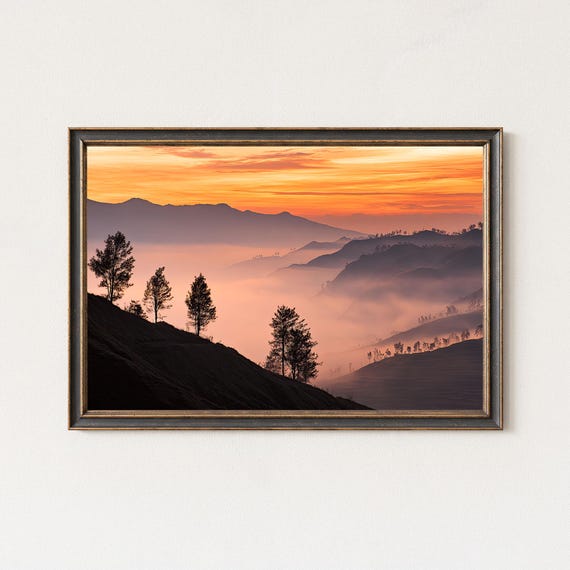 Mount Bromo Sunrise Print Misty Mountain Layers Landscape Wall Art Photography