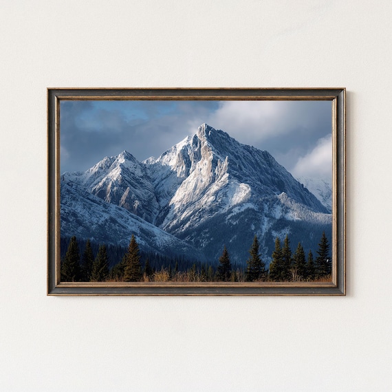 Snow Capped Mountain Peak with Pine Forest Under Blue Sky Poster