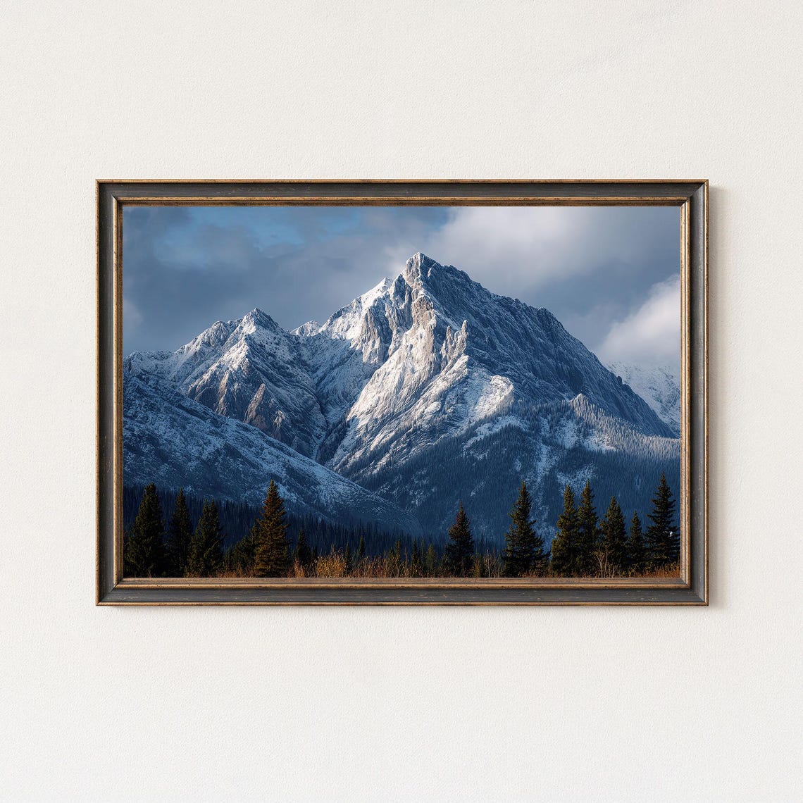 Snow Capped Mountain Peak with Pine Forest Under Blue Sky Poster