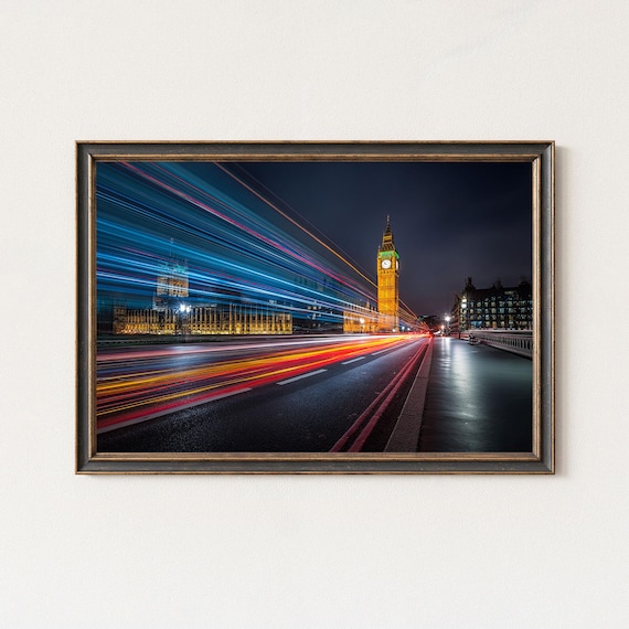 London Big Ben Westminster Bridge Light Trails Night Cityscape Wall Art Print