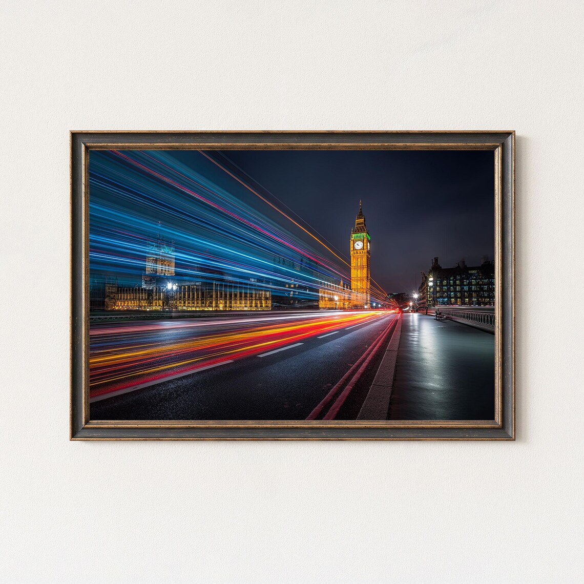 London Big Ben Westminster Bridge Night Light Trails Cityscape Poster