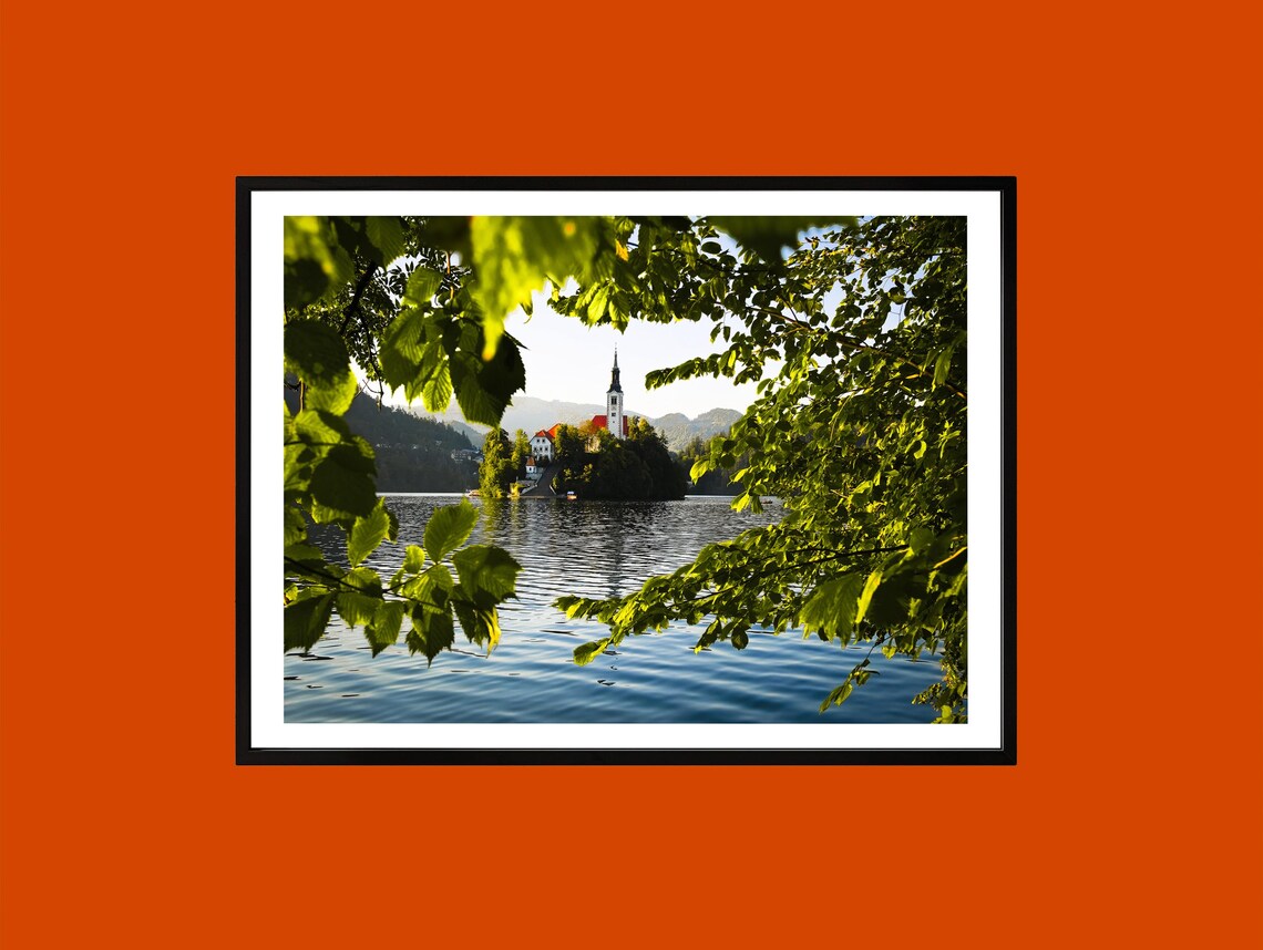 Lake Bled Island Church Slovenia Framed Through Leaves Photo Poster