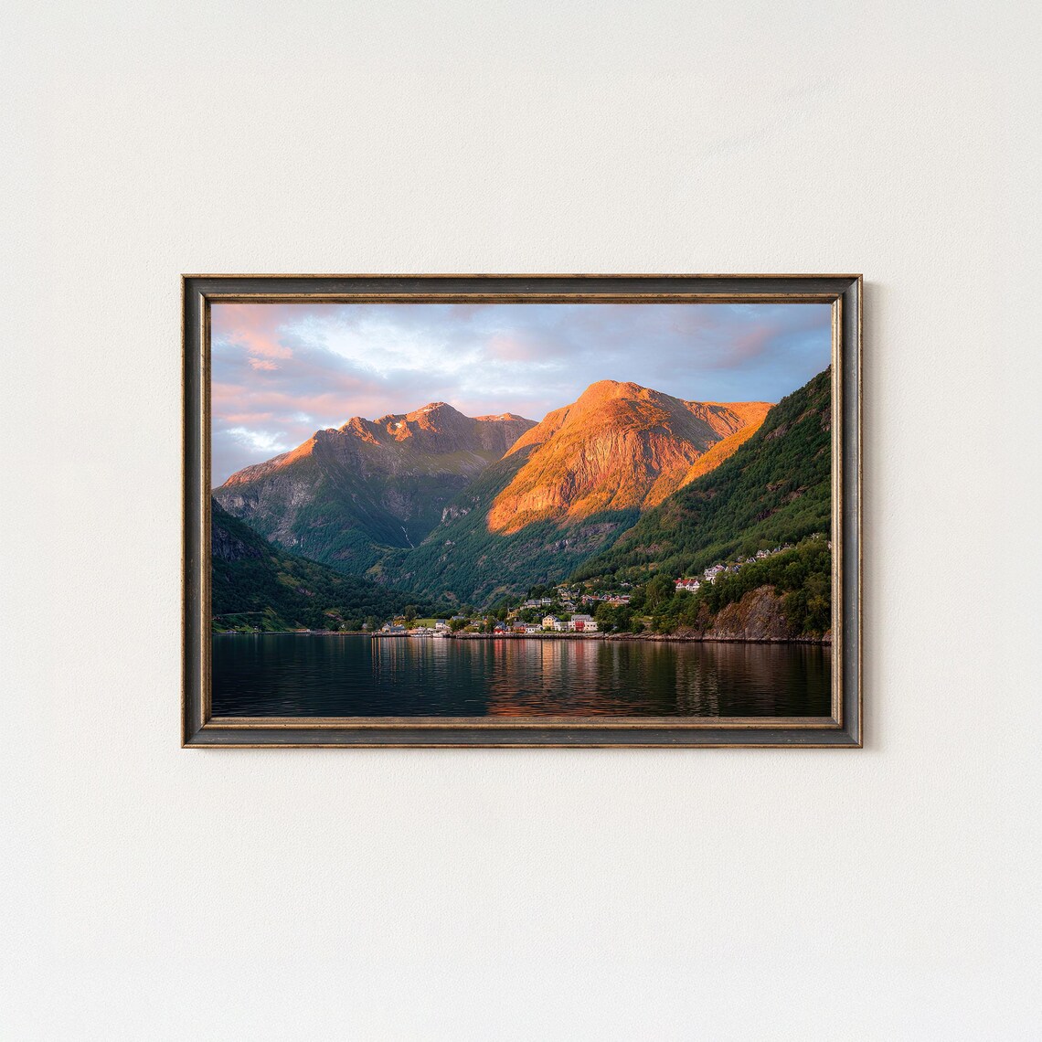 Geirangerfjord Norway Sunset Village Mountains Fjord Water Poster