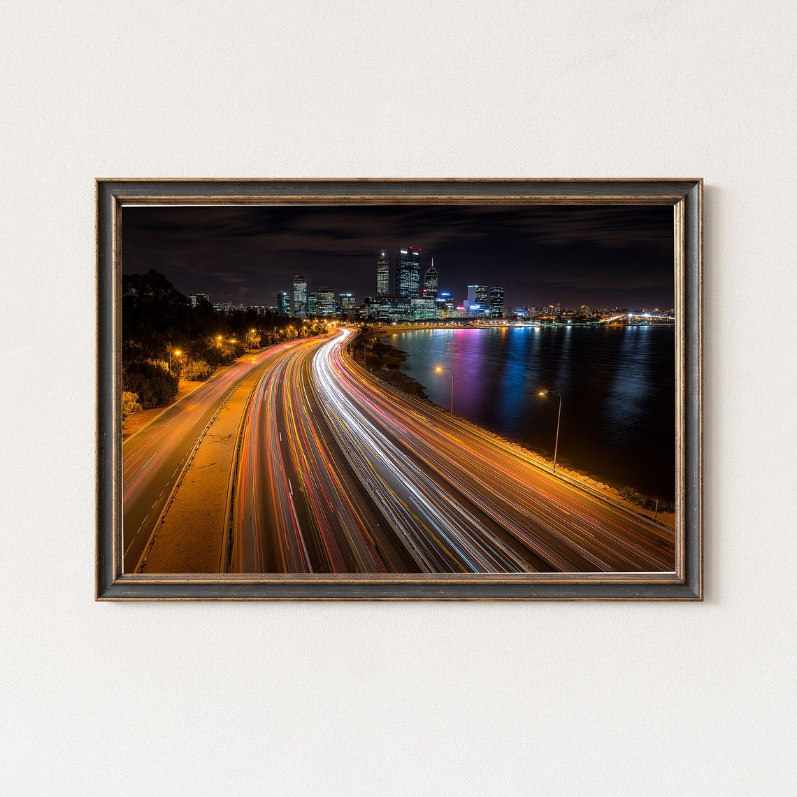 Perth Narrows Bridge Night Skyline Highway Light Trails Poster