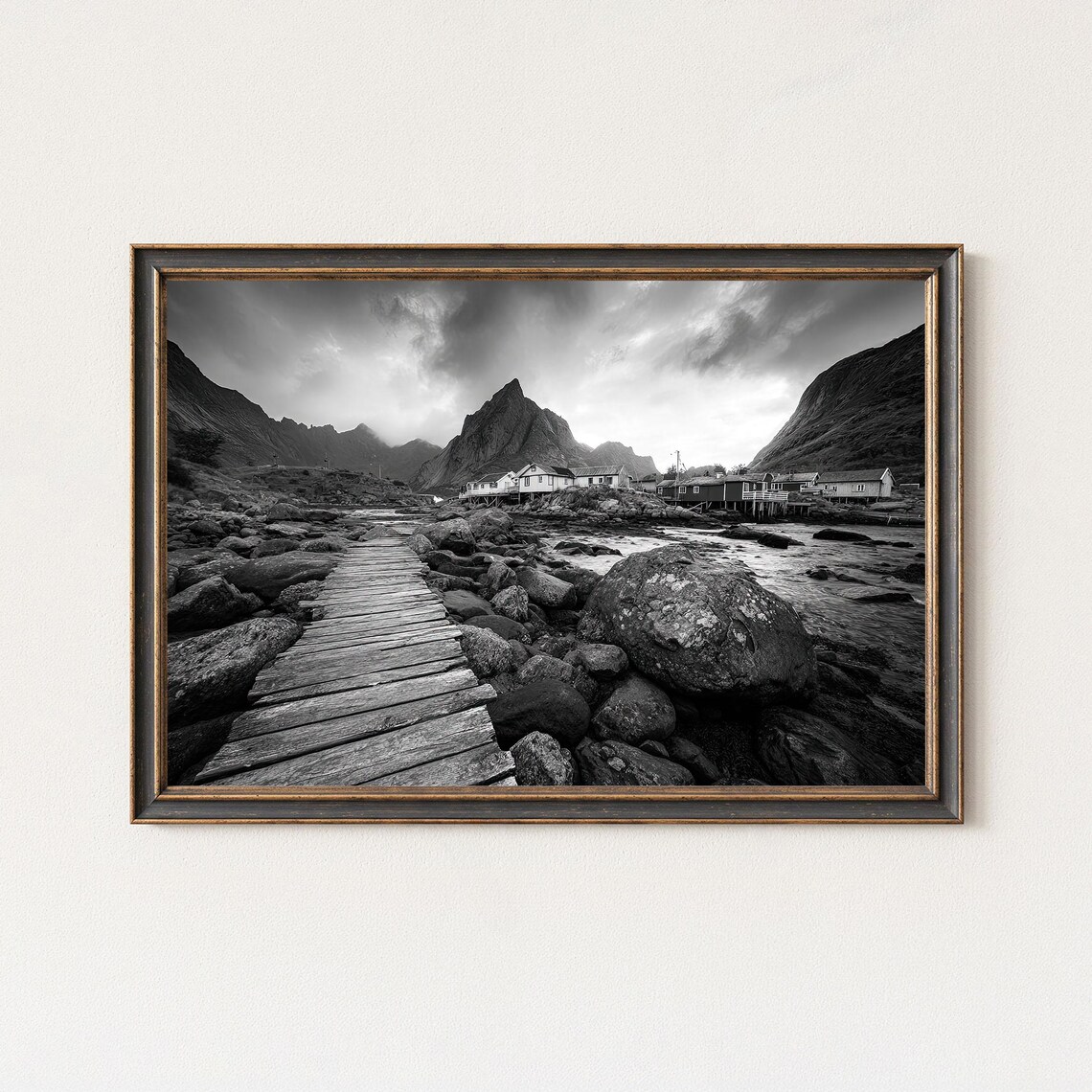 Dramatic Black and White Lofoten Norway Mountain Fjord Village Poster