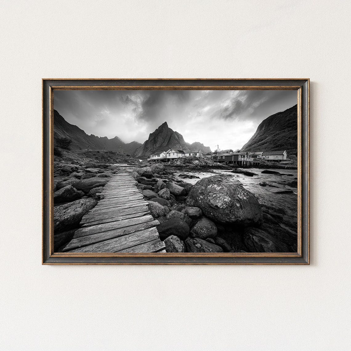 Norway Fishing Village Photography Black And White Landscape Print