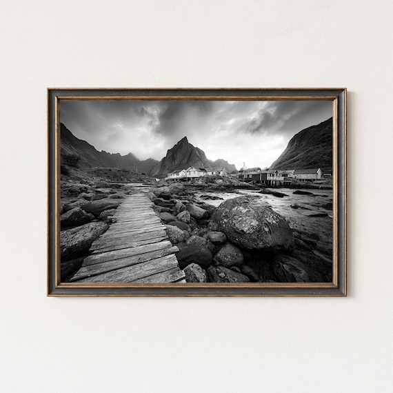 Dramatic Black and White Lofoten Norway Mountain Fjord Village Poster