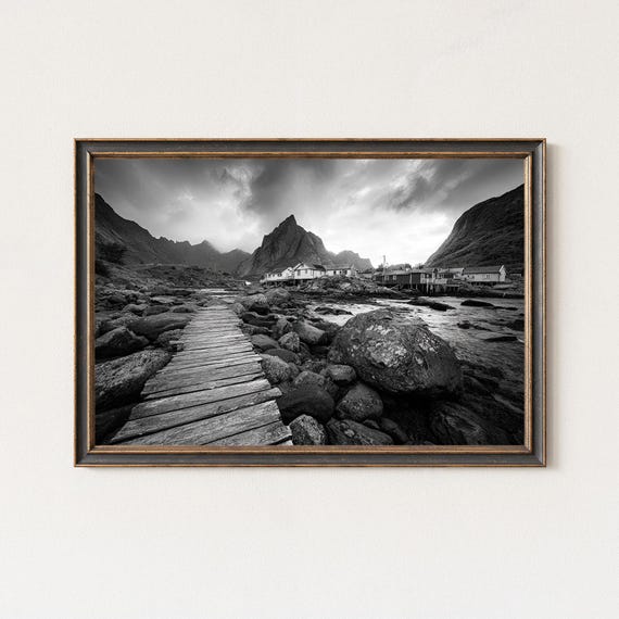 Norway Fishing Village Photography Black And White Landscape Print