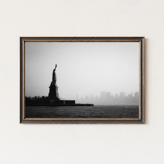 Statue of Liberty Silhouette Over New York Skyline Photo Poster