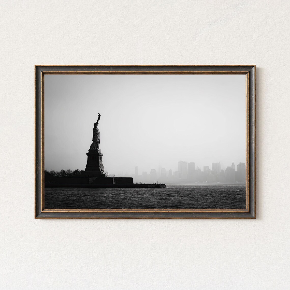 Statue of Liberty Silhouette Over New York Skyline Photo Poster