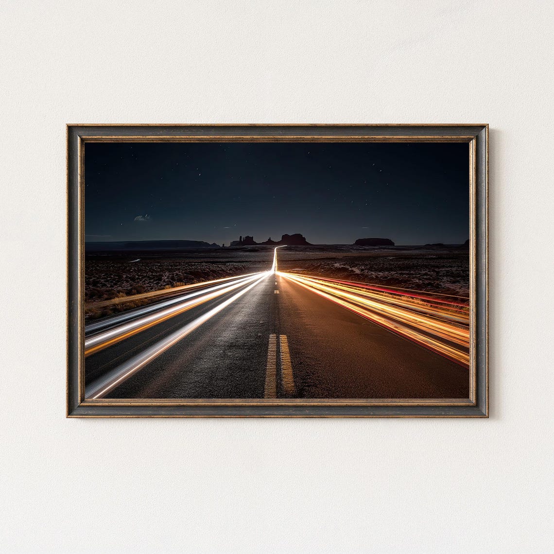 Starry Night Monument Valley Desert Road Light Trails Poster