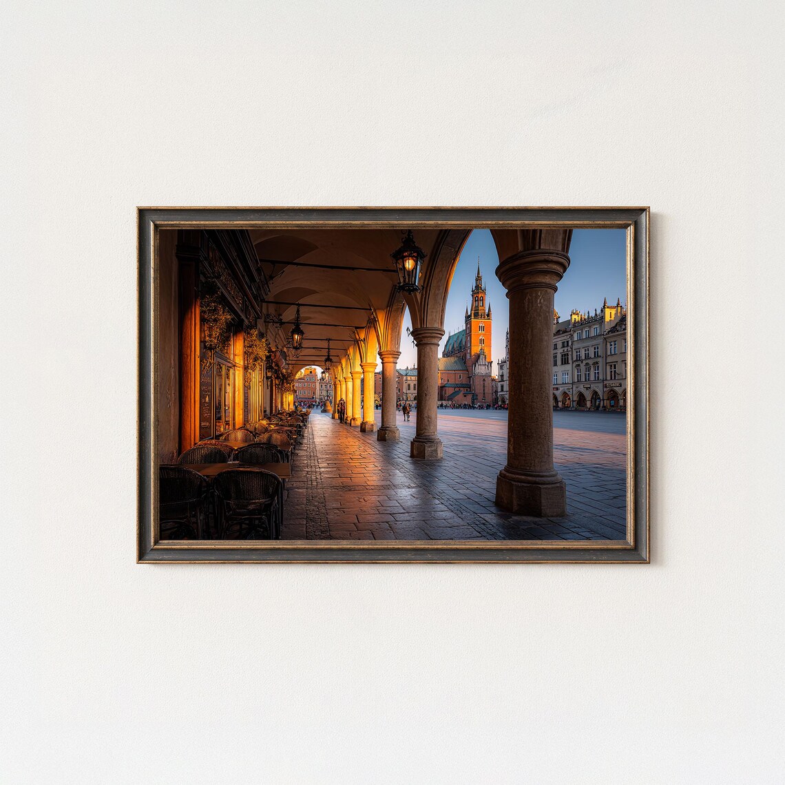 Krakow Main Square Sunset Arcade Cafe Gothic Church Tower Photo Poster